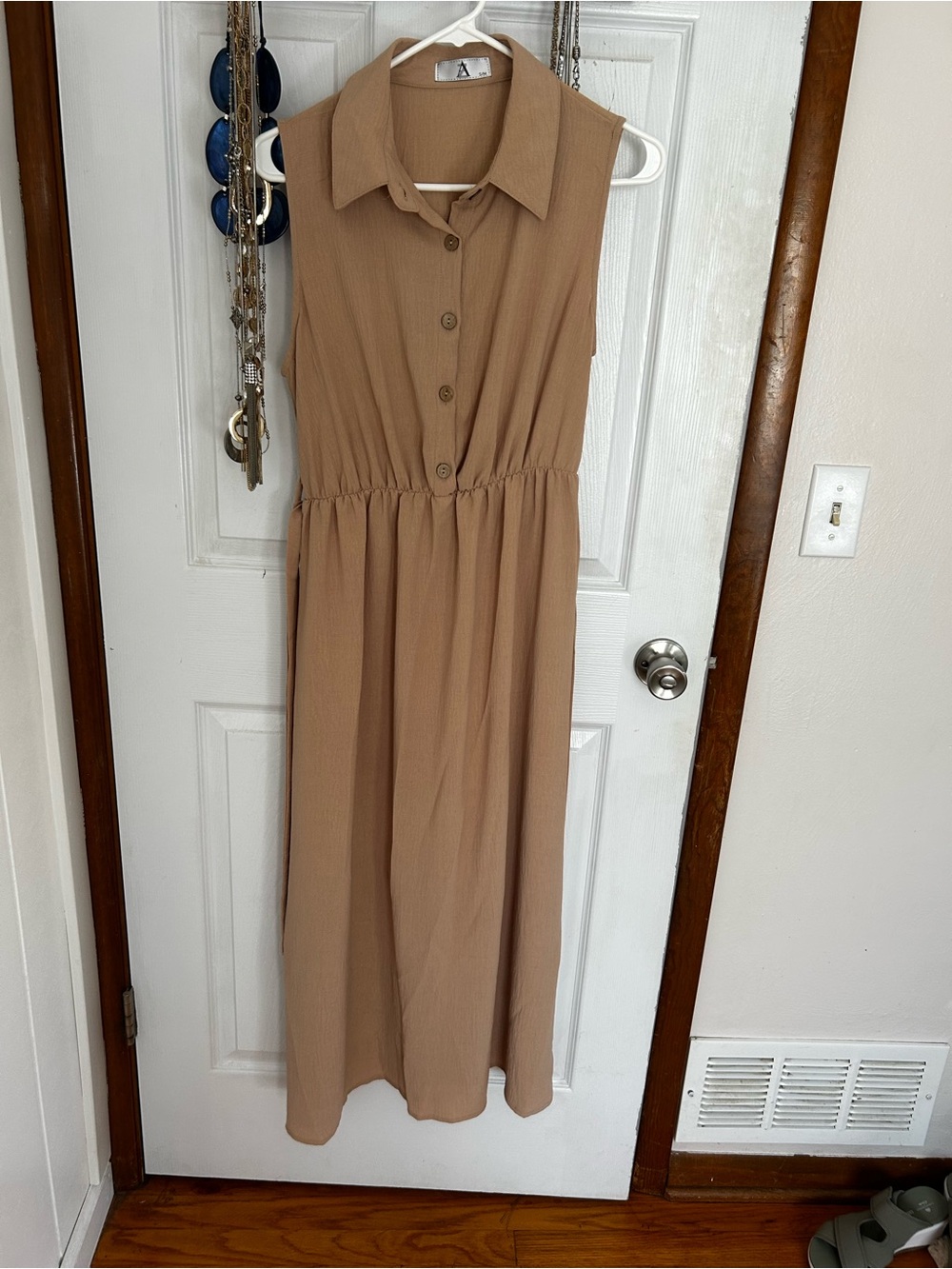 Sleeveless Tan Shirt Dress with Button Front
